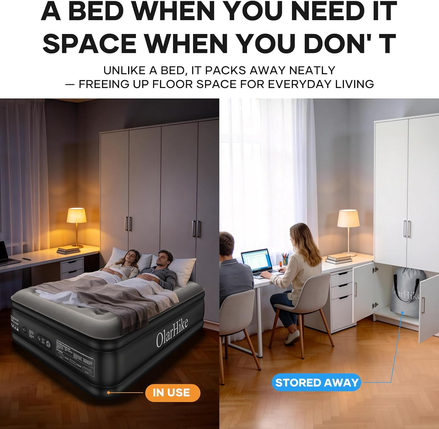 OlarHike airbed shown at an angle, highlighting the 46cm height and baffled side structure