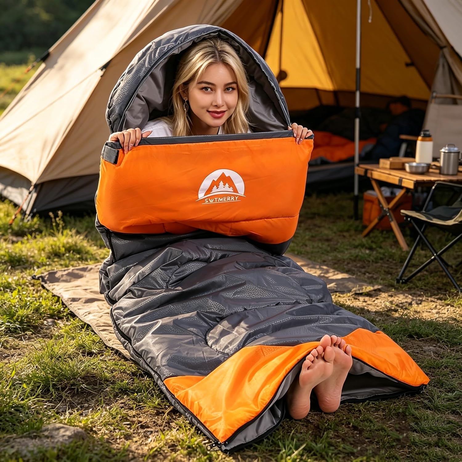 SWTMERRY sleeping bag shown from an angle in use