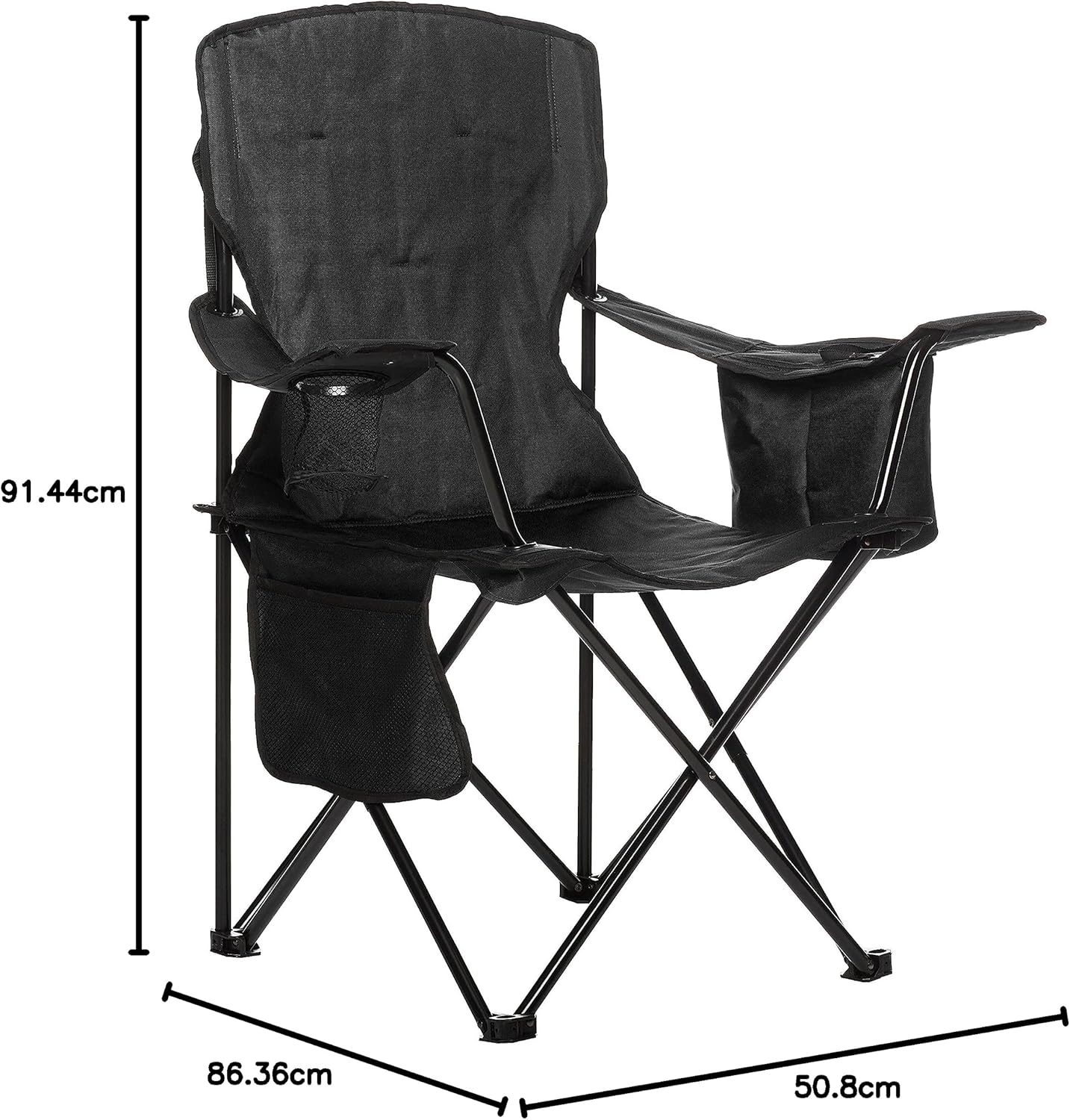 Side angle view of the Amazon Basics camping chair showing the wide seat profile and steel folding frame