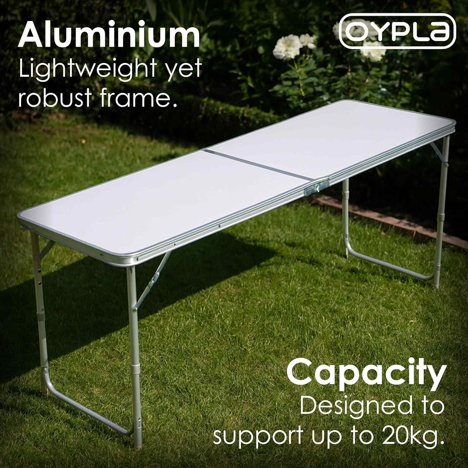 Side angle view of the Oypla folding table showing the leg height adjustment