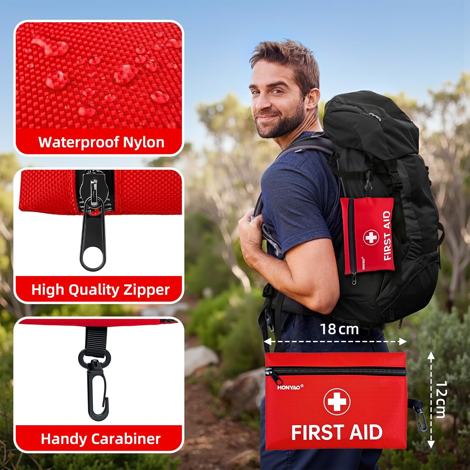 Angled view of the open HONYAO first aid kit showing how tightly the contents are packed