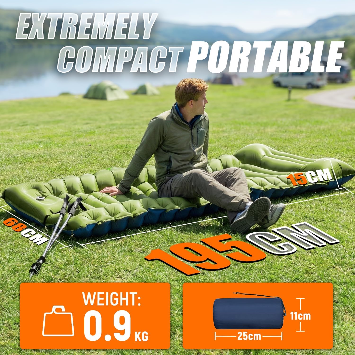 Man sitting beside the Yuzonc mat on grass with callouts showing 195 cm length, 0.7 kg weight and water-bottle pack size