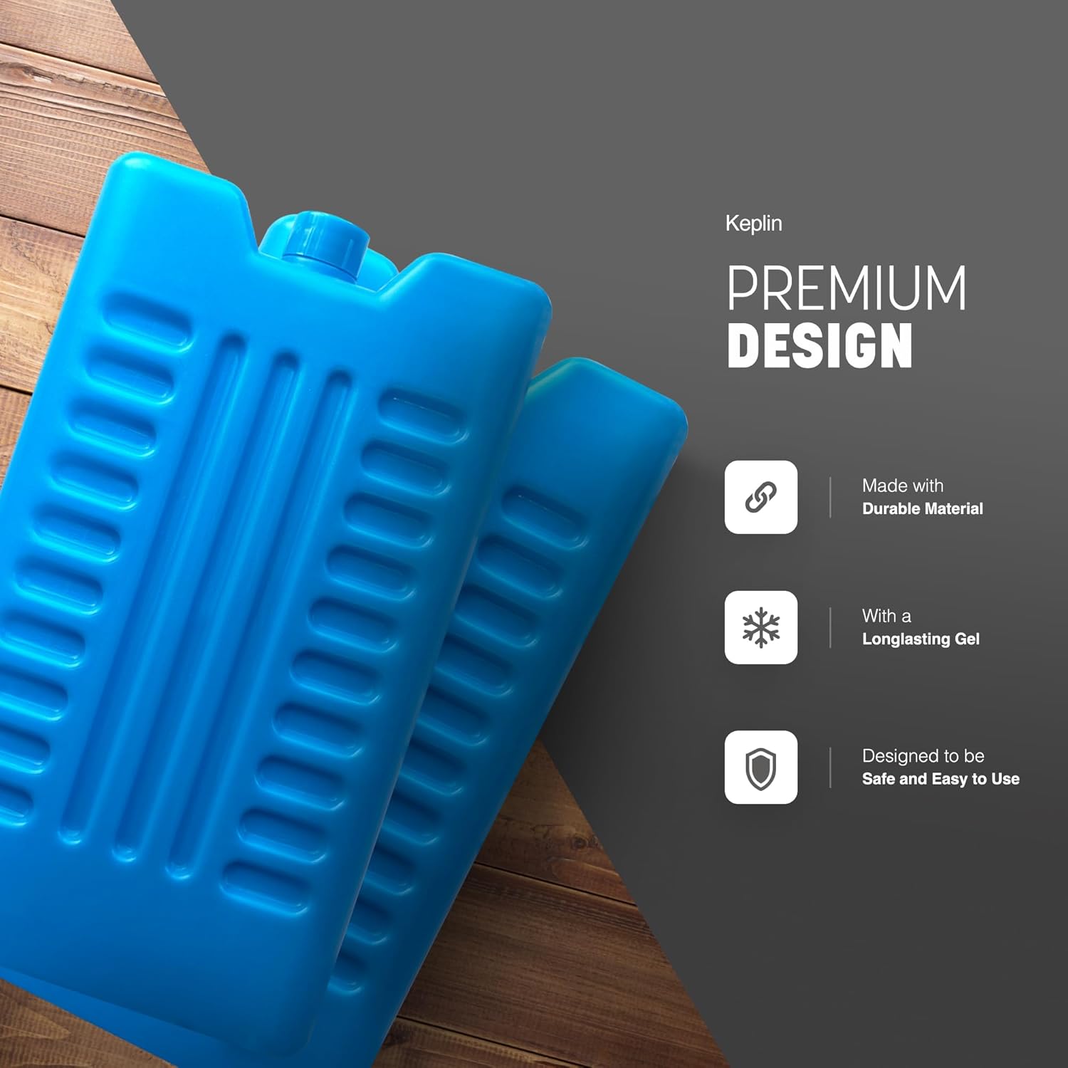 Stack of KEPLIN reusable gel ice packs shown from an angle