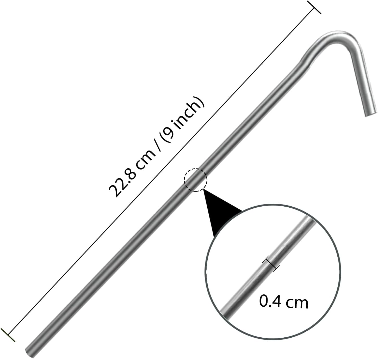 ANSIO tent peg photographed at an angle highlighting the thin galvanised metal shaft