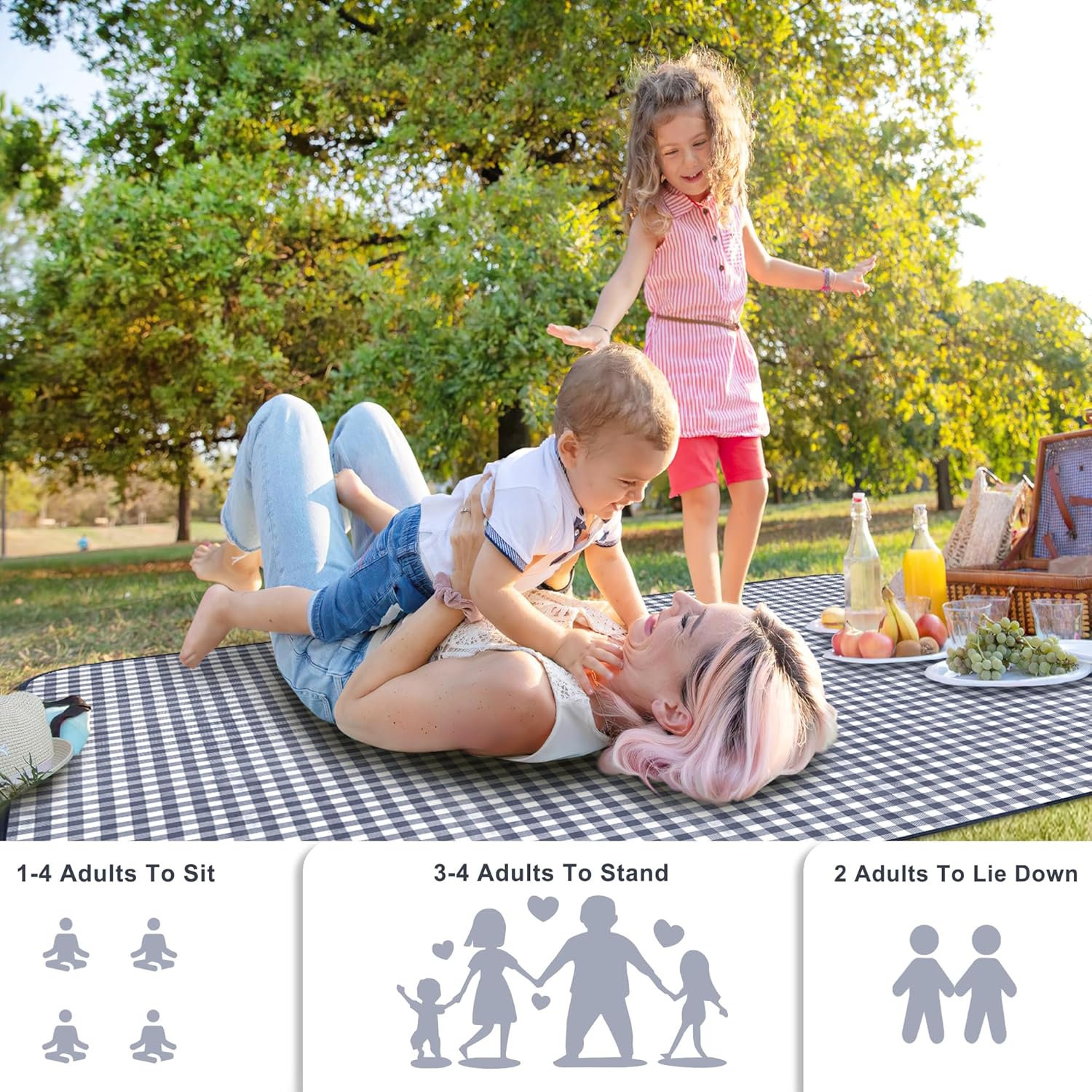 SAMSIER gingham picnic mat viewed from an angle on sand