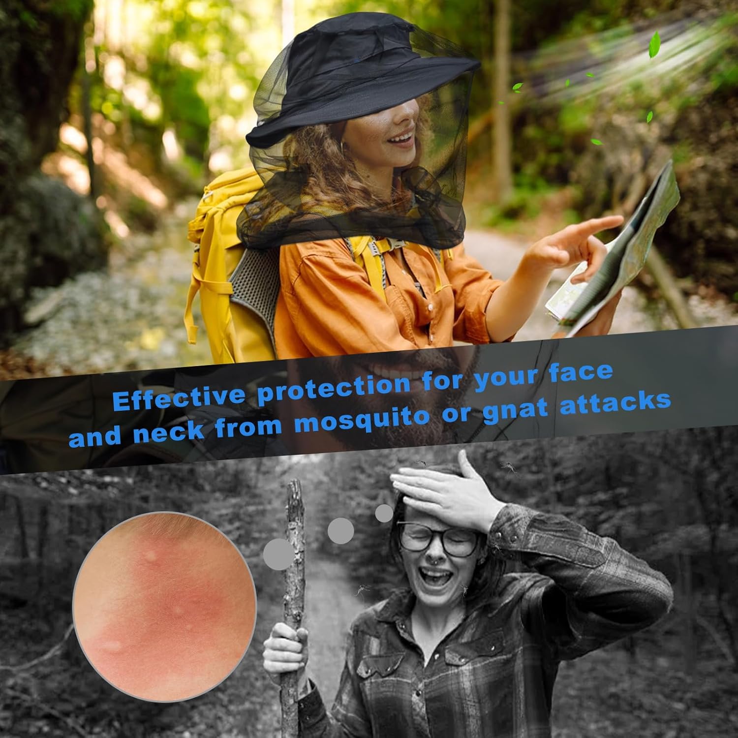 Marketing graphic showing a hiker in a head net reading a map, with an inset photo of insect bites, captioned effective protection for your face and neck from mosquito or gnat attacks