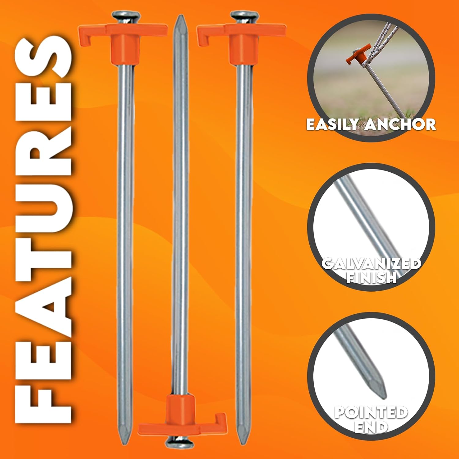 Xtremeauto peg feature diagram showing the galvanised finish, the pointed chisel end and a guy line anchored to the orange plastic head