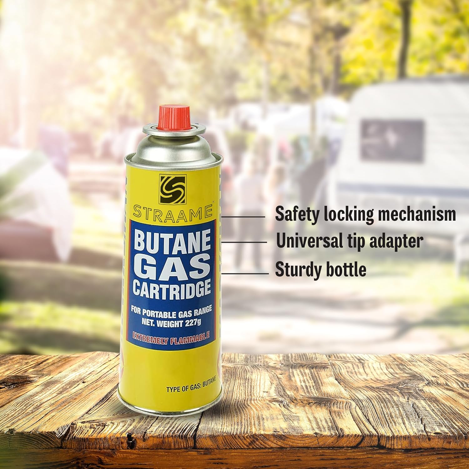 Single Straame butane cartridge on a wooden table with labelled features including universal tip adapter
