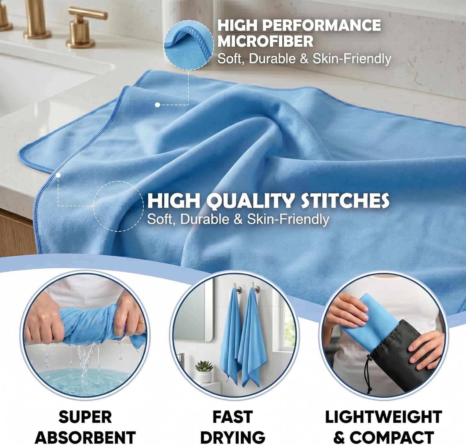Close-up of the HomlyPro towel's smooth microfibre fabric and stitched edging