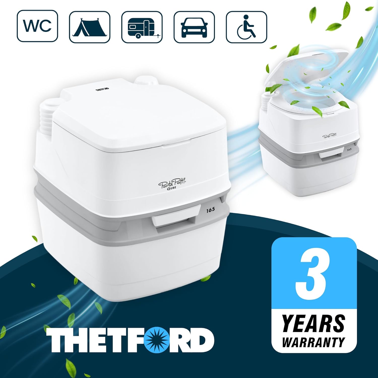 Thetford Porta Potti Qube 165 listing image showing the model badge, use-case icons and a three year warranty stamp
