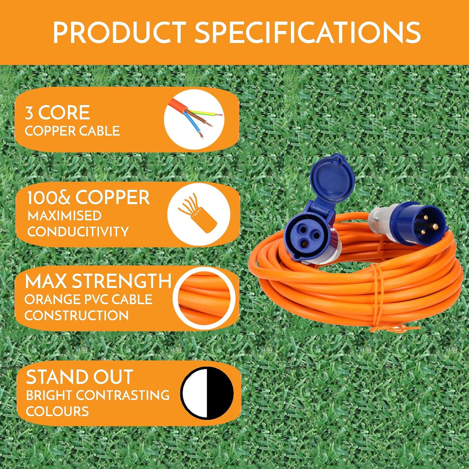 Listing specifications panel claiming 3 core copper cable and max strength PVC construction