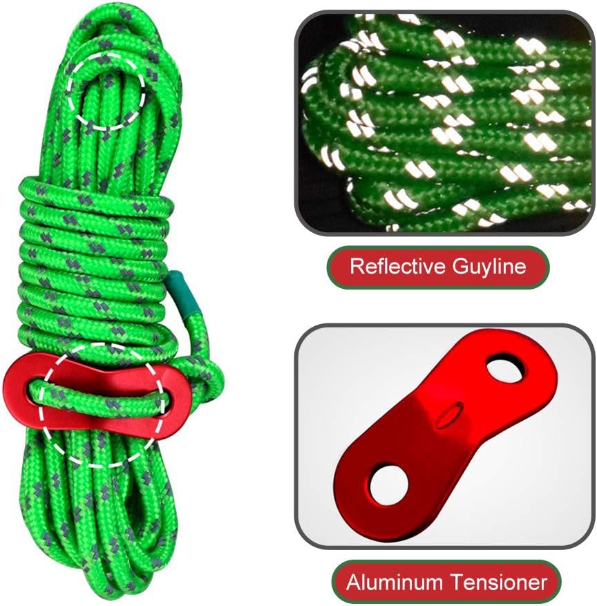 Coiled green reflective guy rope with red aluminium tensioner, next to a night inset showing the reflective tracers lit up bright white