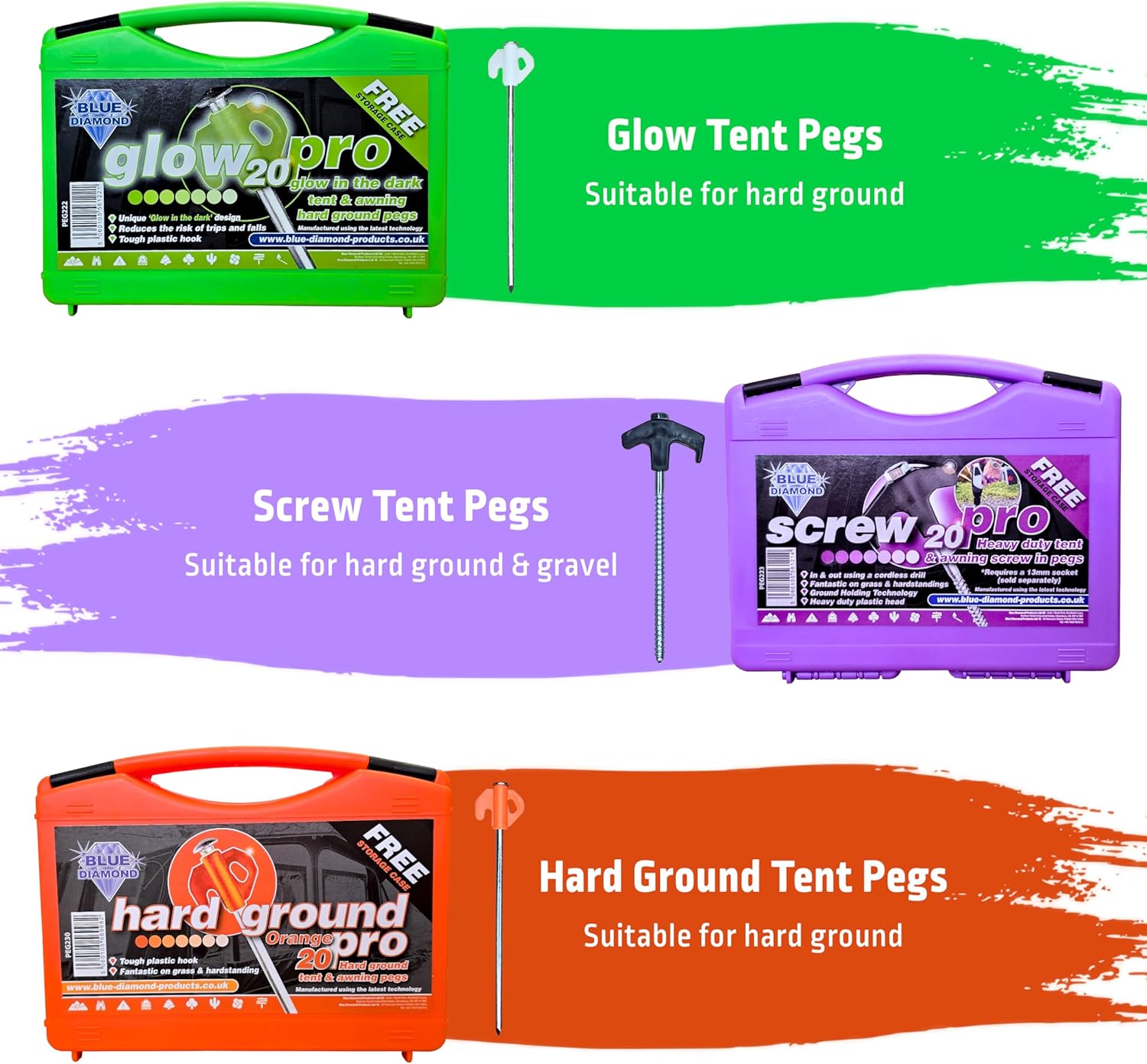 Blue Diamond peg range shown in listing image: green Glow Pro, purple Screw Pro and orange Hard Ground Pro cases