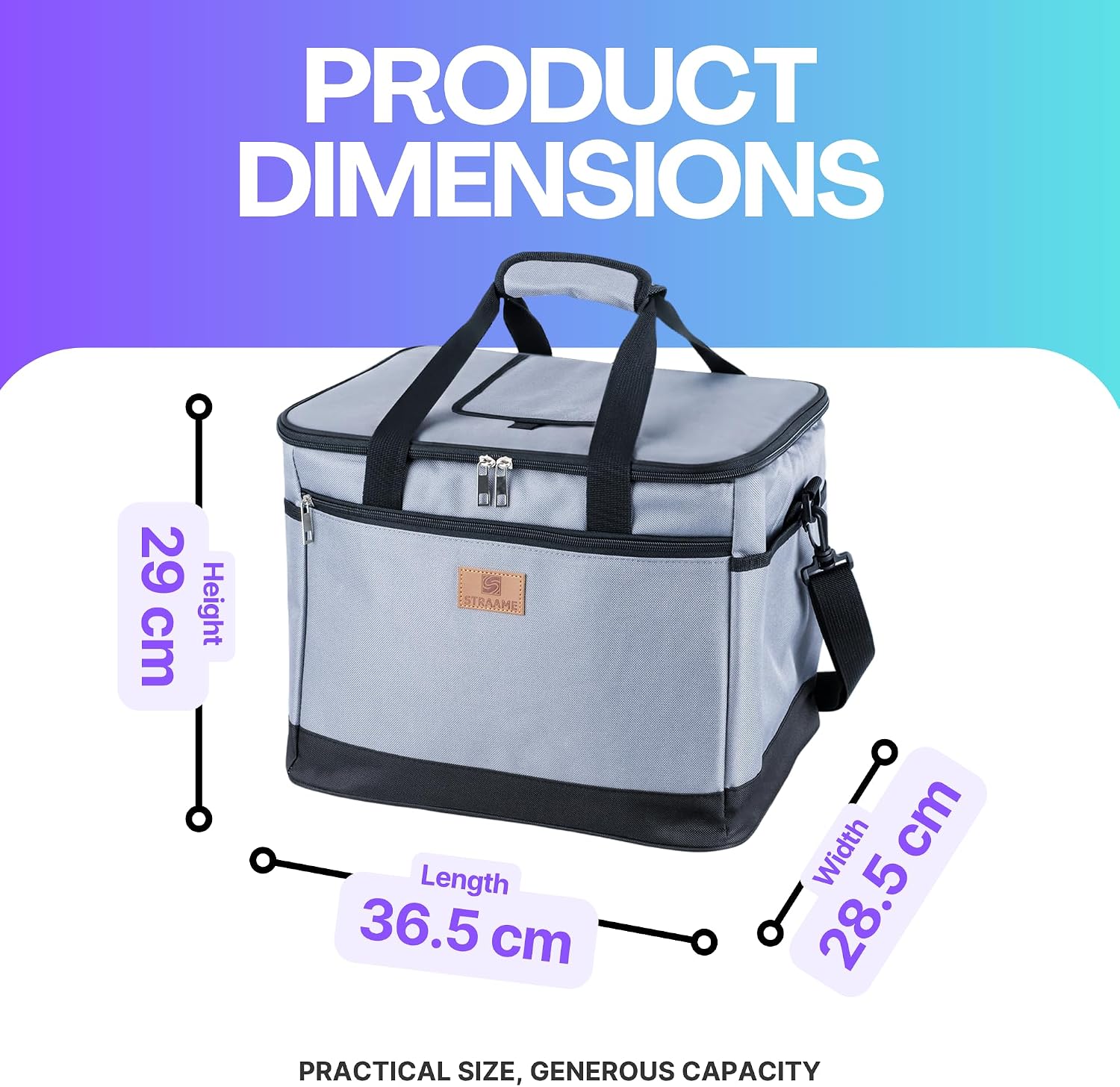 Infographic showing the Straame 30L cooler bag's dimensions of 36.5cm length, 28.5cm width and 29cm height