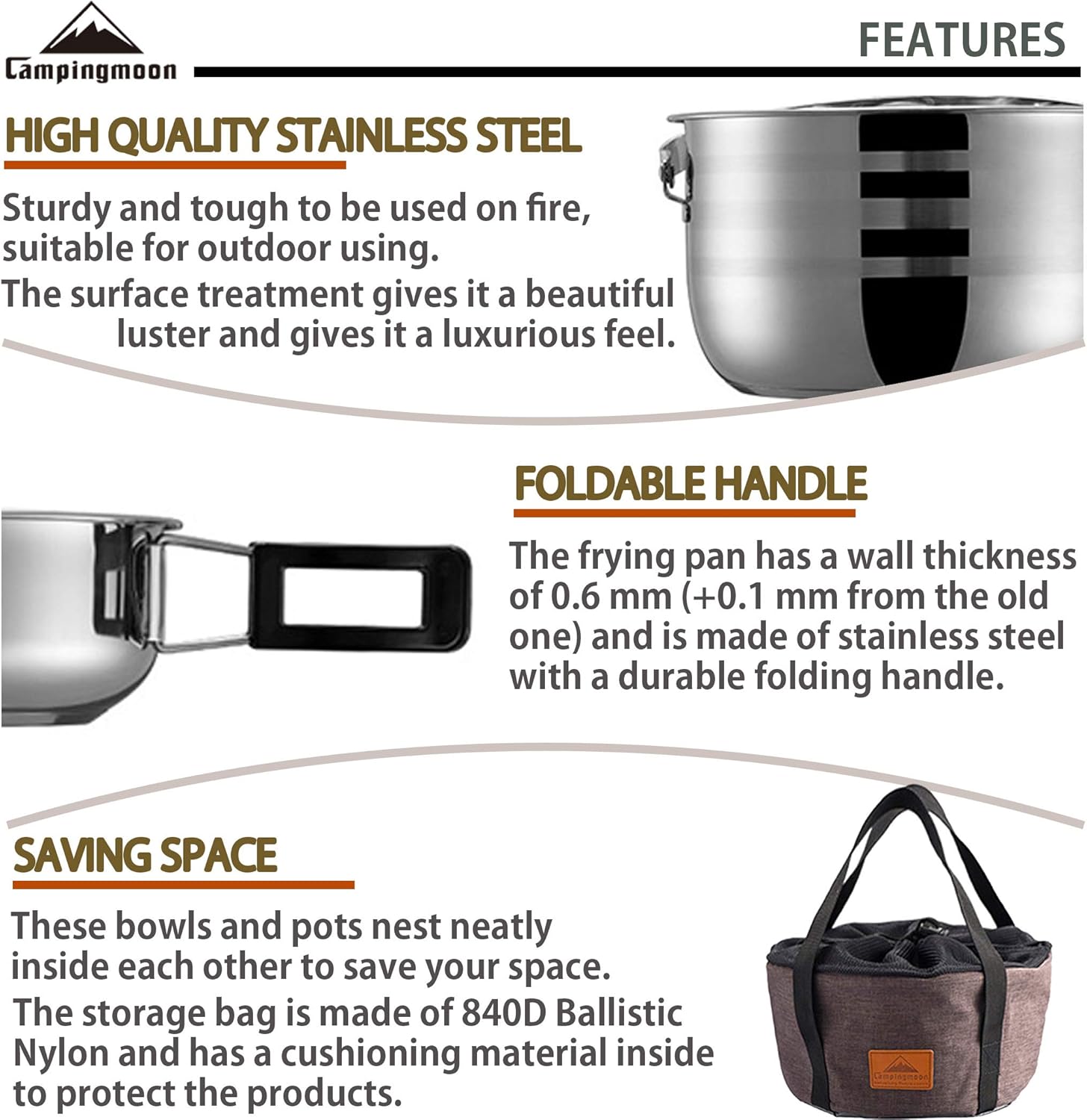Close-up of the CAMPINGMOON frying pan folding handle and the stainless pots