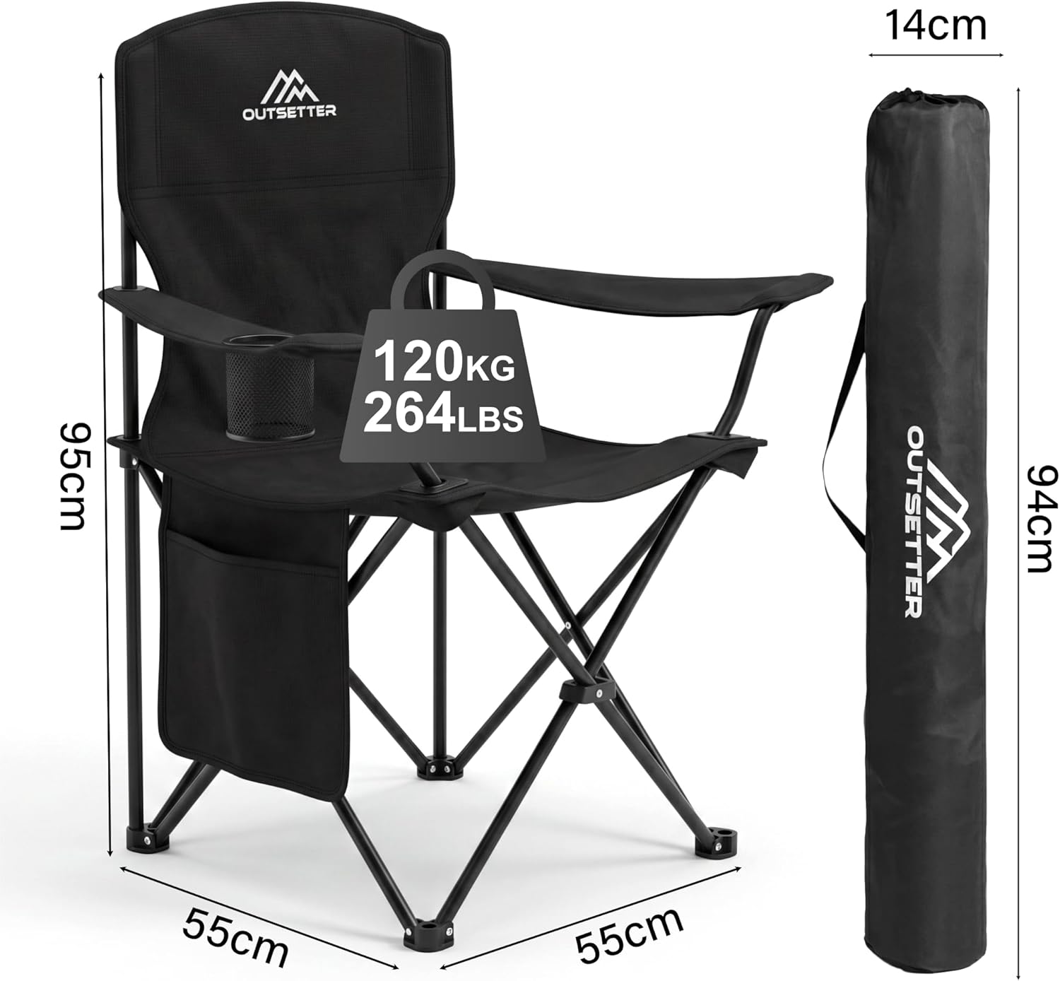 Dimensions diagram showing the chair's 95cm back height, 55 by 55cm footprint, 120kg capacity and 94cm carry bag