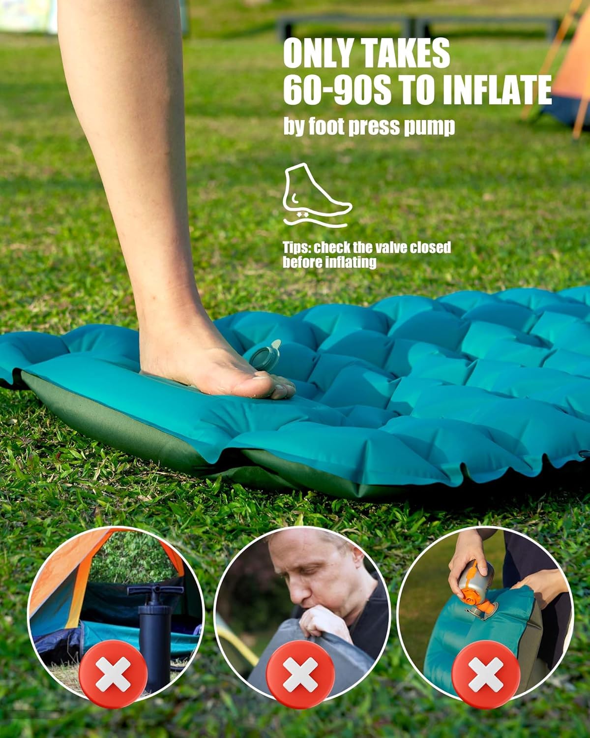 Camper inflating the AKSOUL sleeping mat on grass using the built-in foot press pump