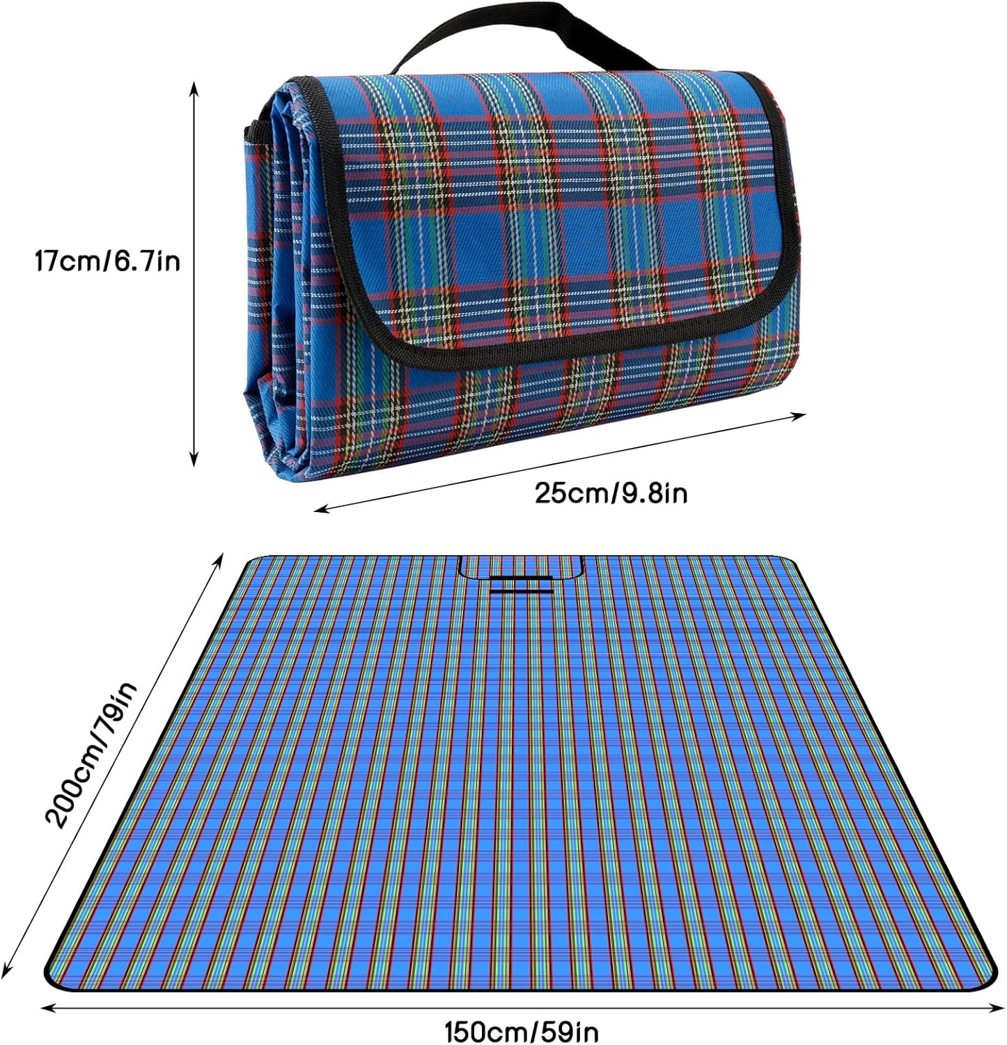 SOMIYAMI tartan picnic blanket folded into a 25 x 17cm parcel with carry handle next to the full 150 x 200cm mat laid out