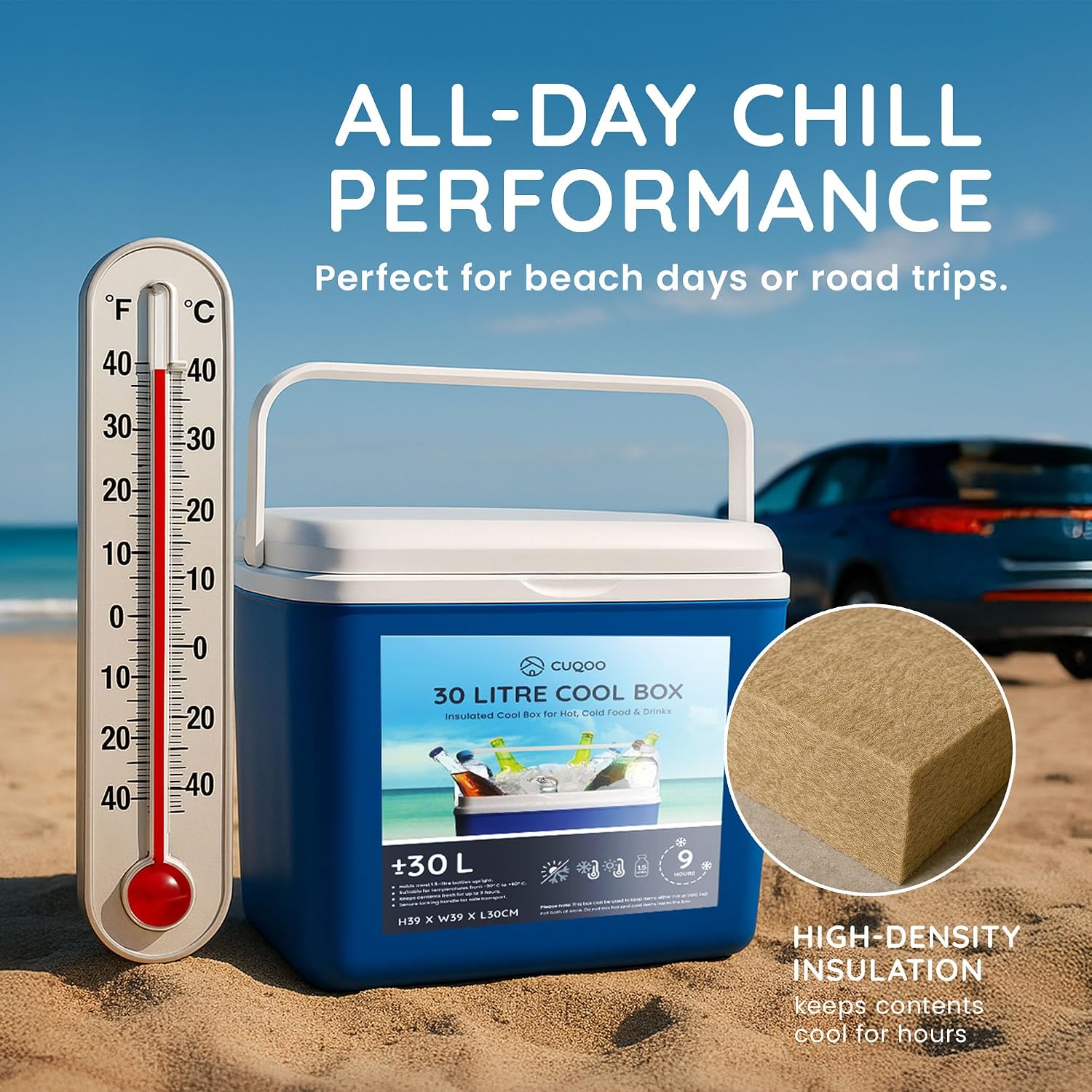 CUQOO cool box on a beach beside a thermometer graphic with an all-day chill performance claim and a high-density insulation inset
