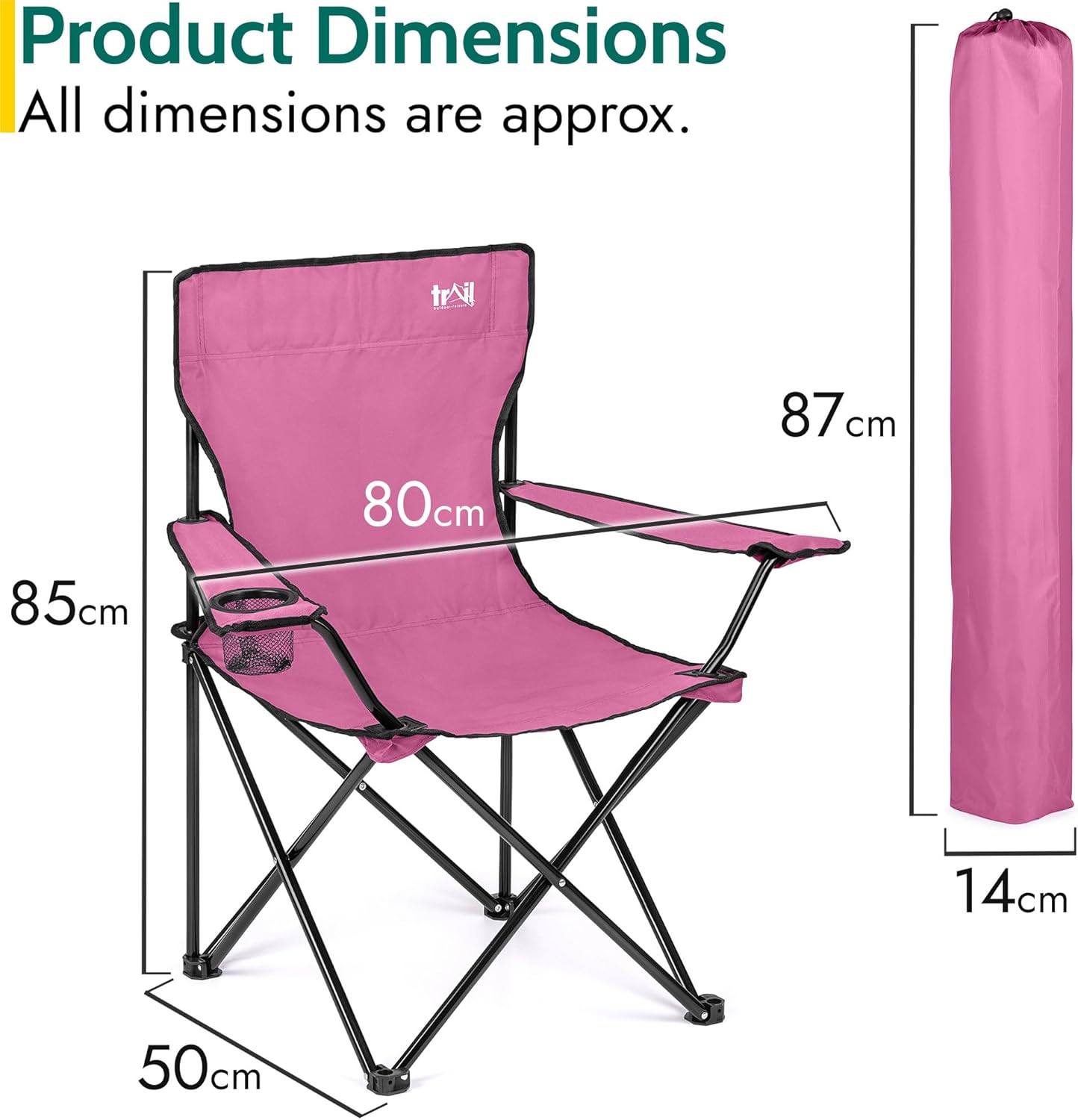 Listing dimension diagram showing the pink Trail chair at 85cm high, 80cm wide and 50cm deep, packed to 87cm by 14cm
