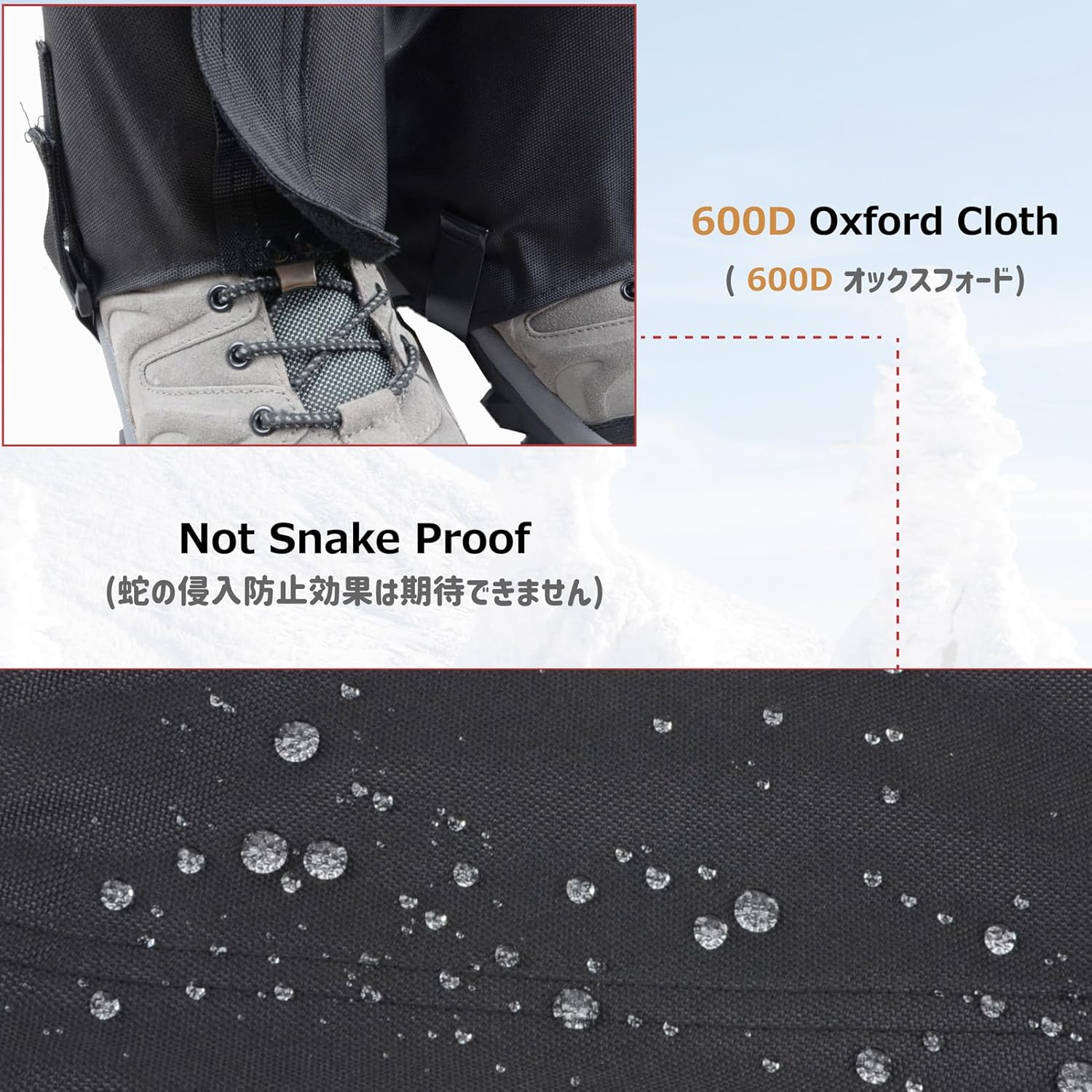 Water beading on black 600D Oxford gaiter fabric in a listing close-up