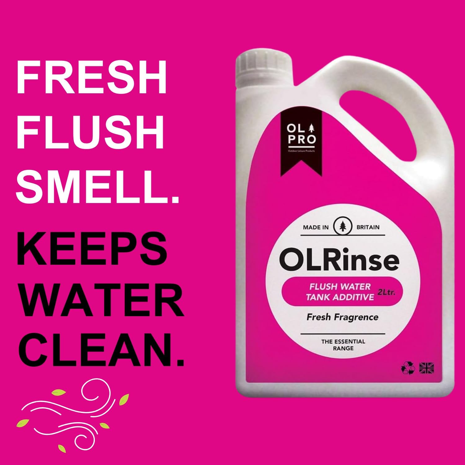 Pink OLRinse flush water tank additive bottle beside the listing claim FRESH FLUSH SMELL. KEEPS WATER CLEAN.
