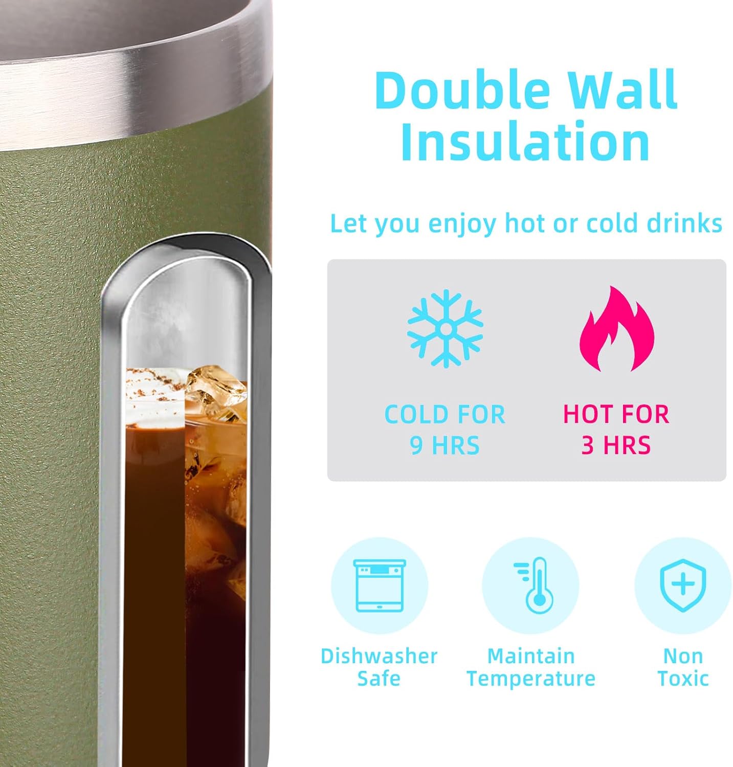 Volhoply listing graphic claiming cold for 9 hours and hot for 3 hours, with dishwasher safe, maintain temperature and non toxic icons