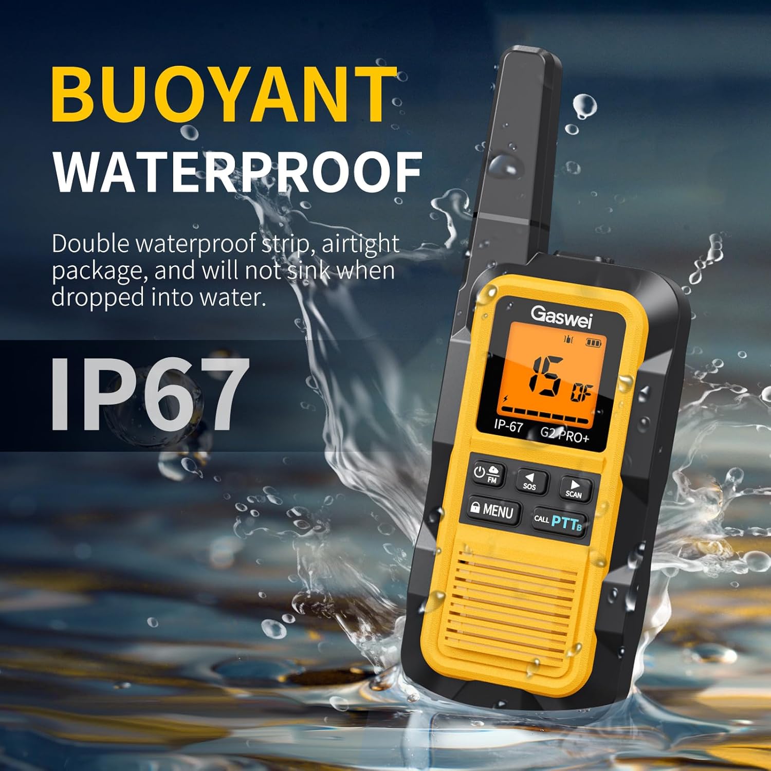 Yellow Gaswei G2Pro+ walkie talkie splashing into water under the listing's buoyant and IP67 waterproof claim