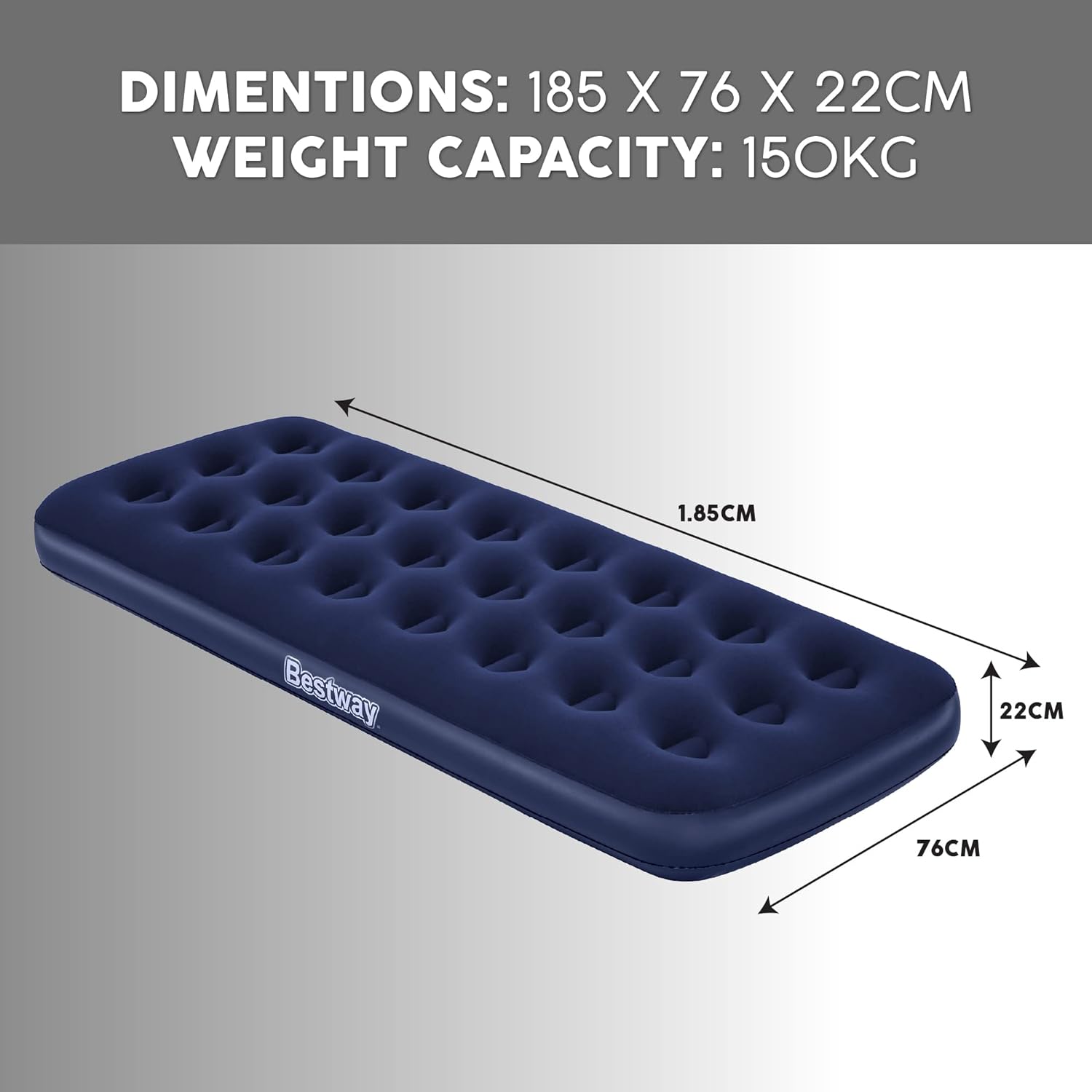 Infographic showing the Bestway single air bed dimensions: 185cm long, 76cm wide, 22cm thick, with 150kg weight capacity