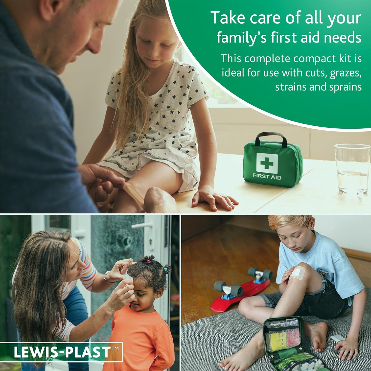 Open first aid kit pouch showing the organised layout of plasters, bandages, and wound care items inside the multiple compartments