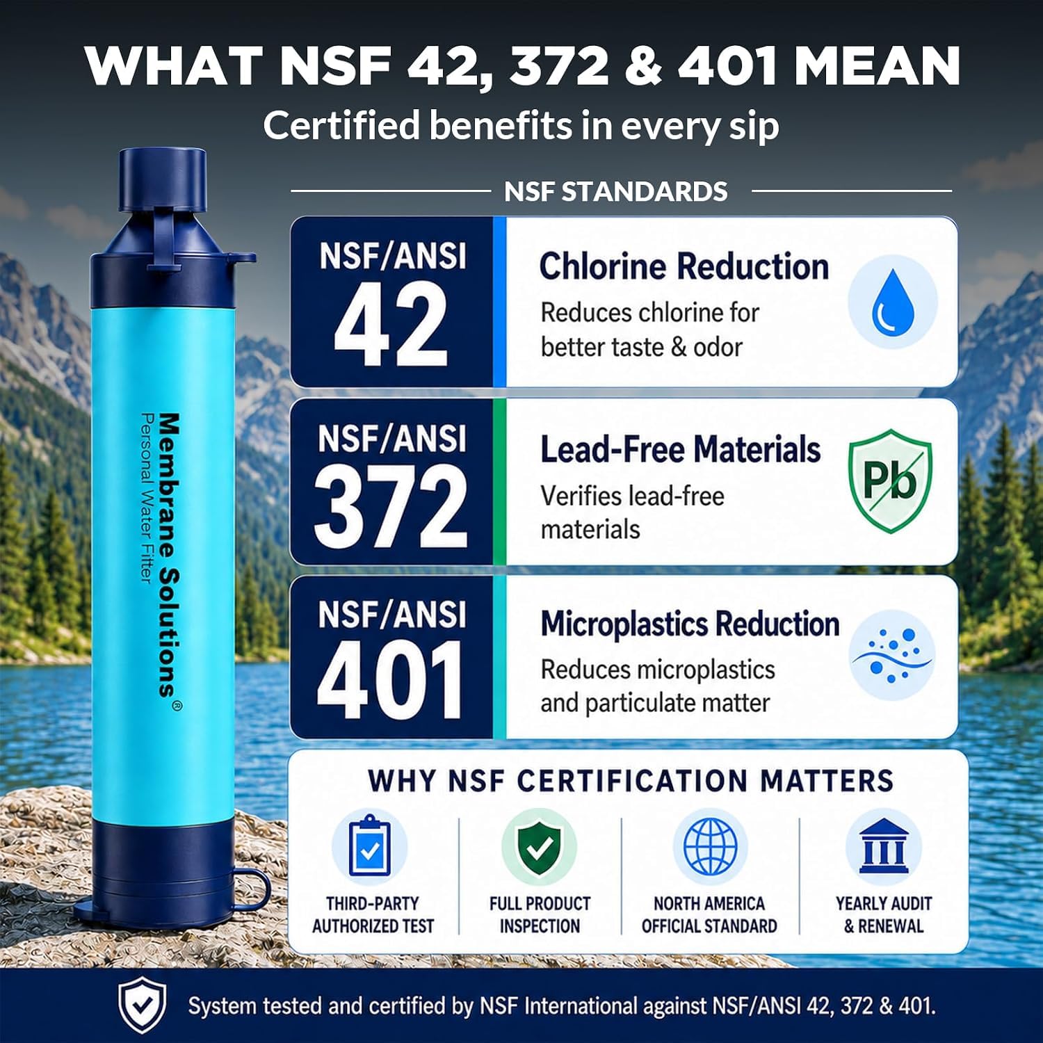 Graphic explaining the NSF/ANSI 42, 372 and 401 standards the filter is certified against