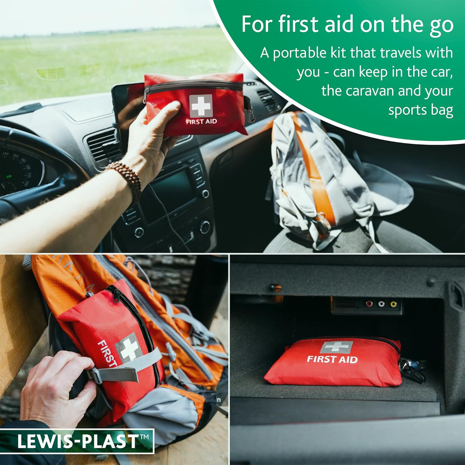 Collage showing the red Lewis-Plast first aid kit stored in a car footwell, the side pocket of a backpack and a glovebox with the text For first aid on the go