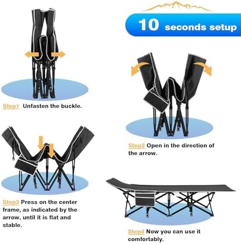 Four-step 10-second setup sequence for the Overmont folding camp bed, from unfastening the buckle to pressing the centre frame flat