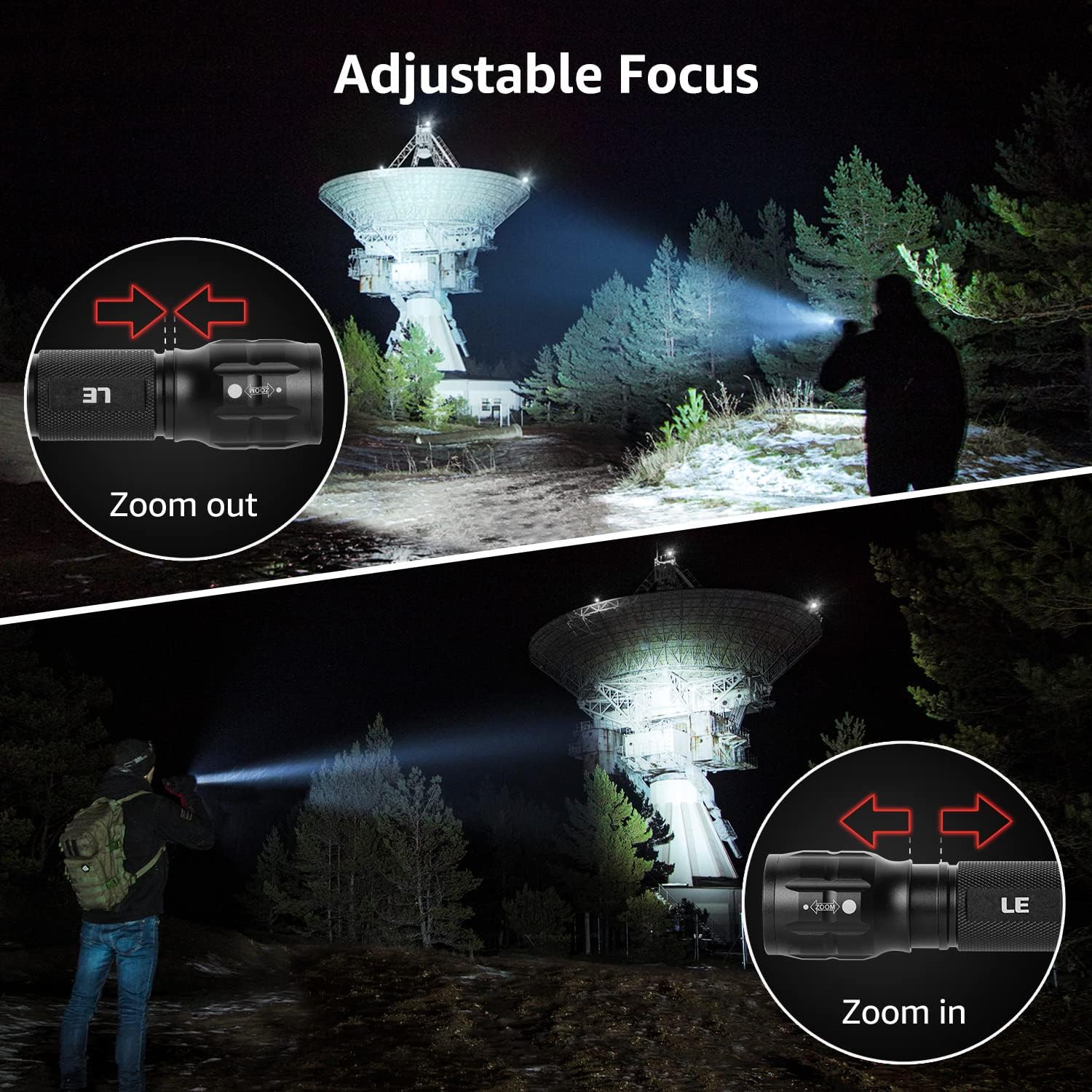 Adjustable focus graphic showing the LE torch zoomed out to a wide flood and zoomed in to a tight spot beam