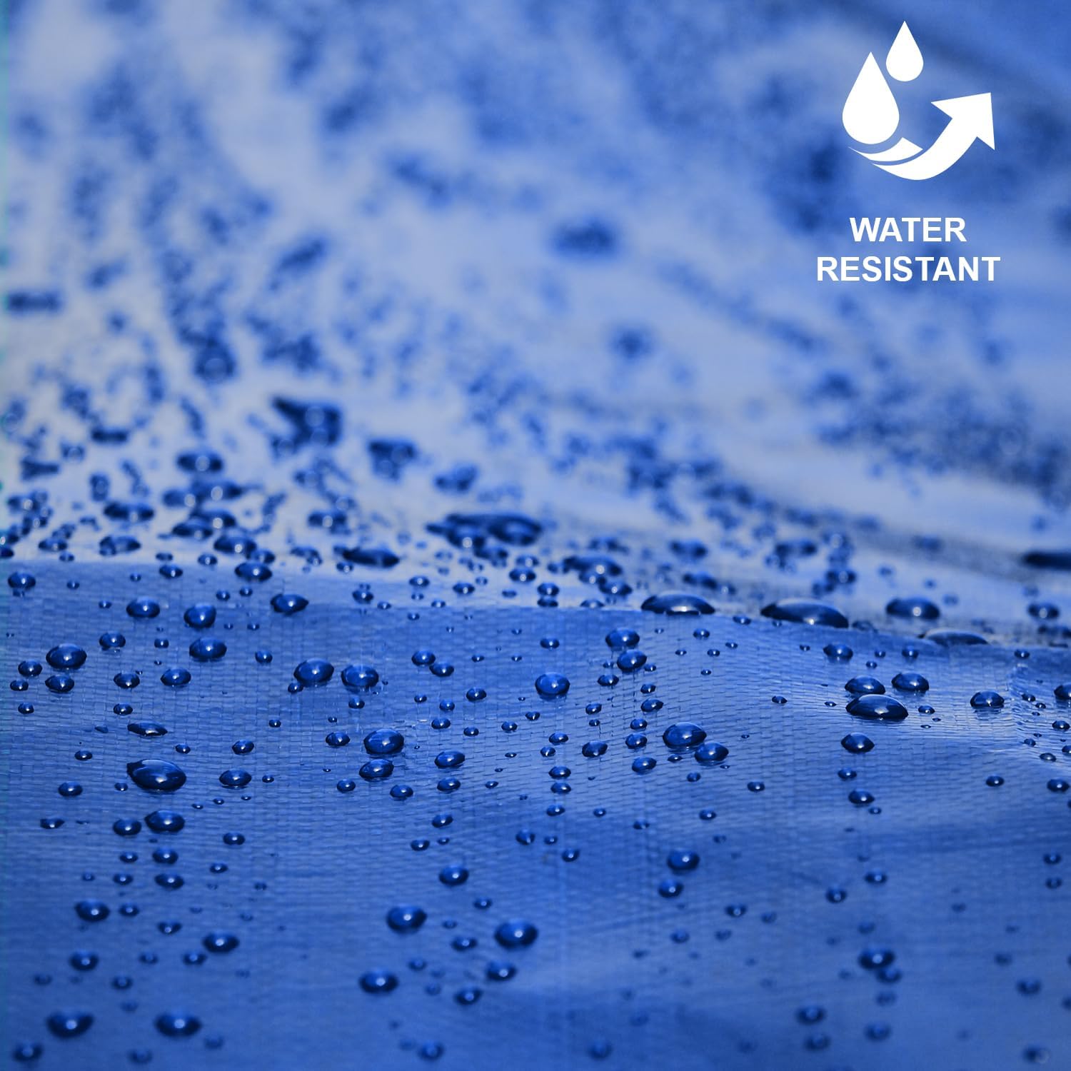 Close-up of water droplets beading on ANSIO blue tarpaulin surface