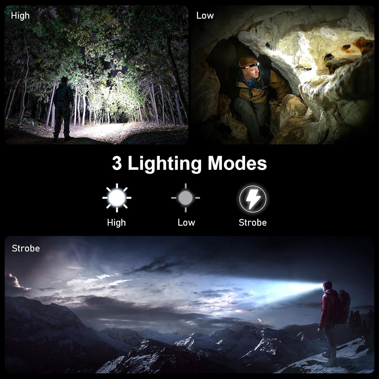 Infographic of three Gritin head torch lighting modes: High, Low, and Strobe, displayed over forest, cave, and mountain scenes