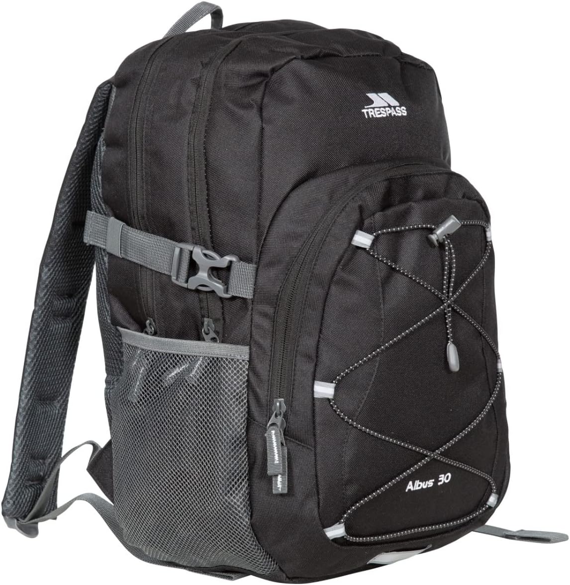 Angled side view of Trespass Albus 30 backpack showing mesh pocket, compression strap and bungee cord front