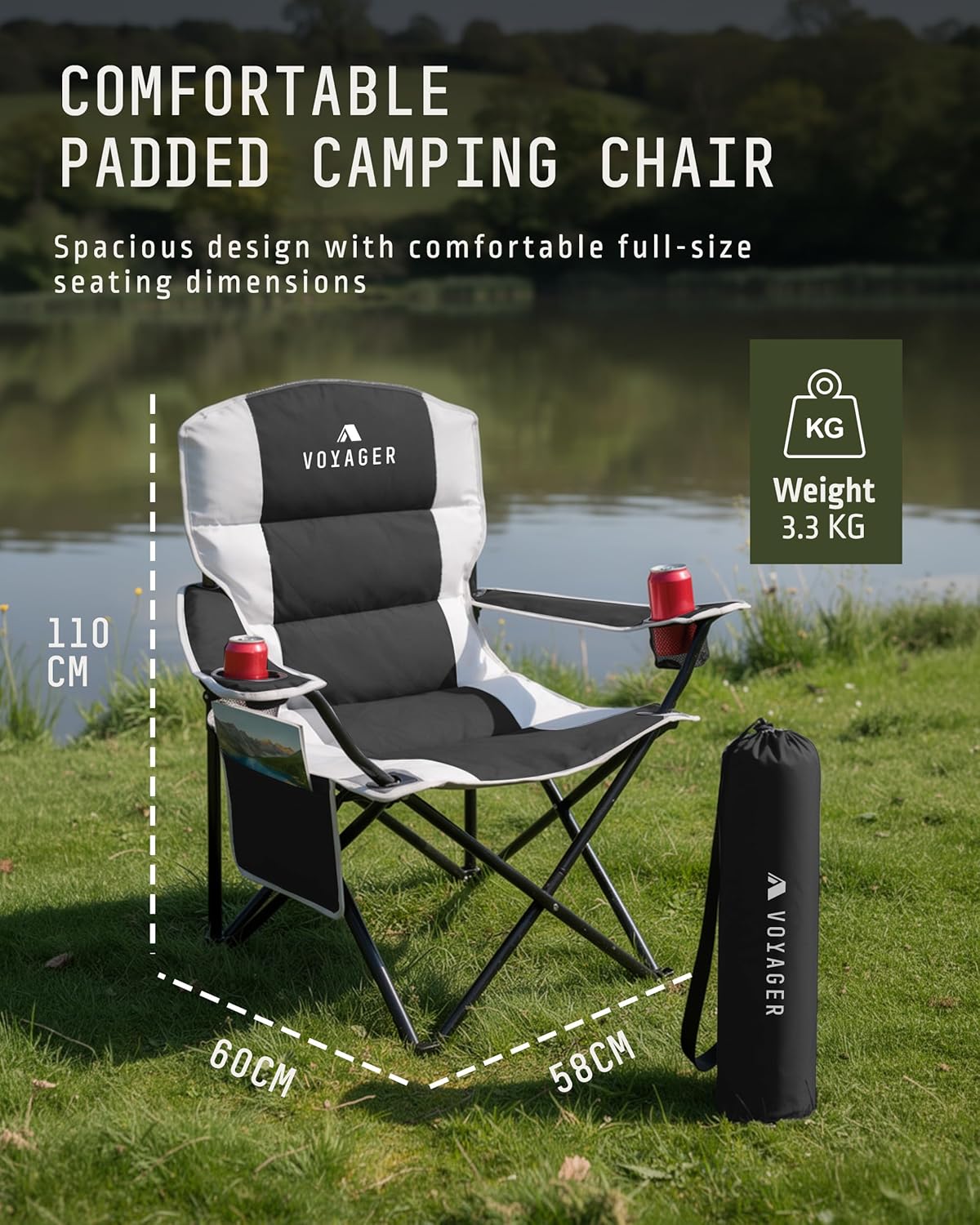 Voyager chair dimensions infographic showing 110cm height, 60cm depth, 58cm seat width and 3.3kg weight