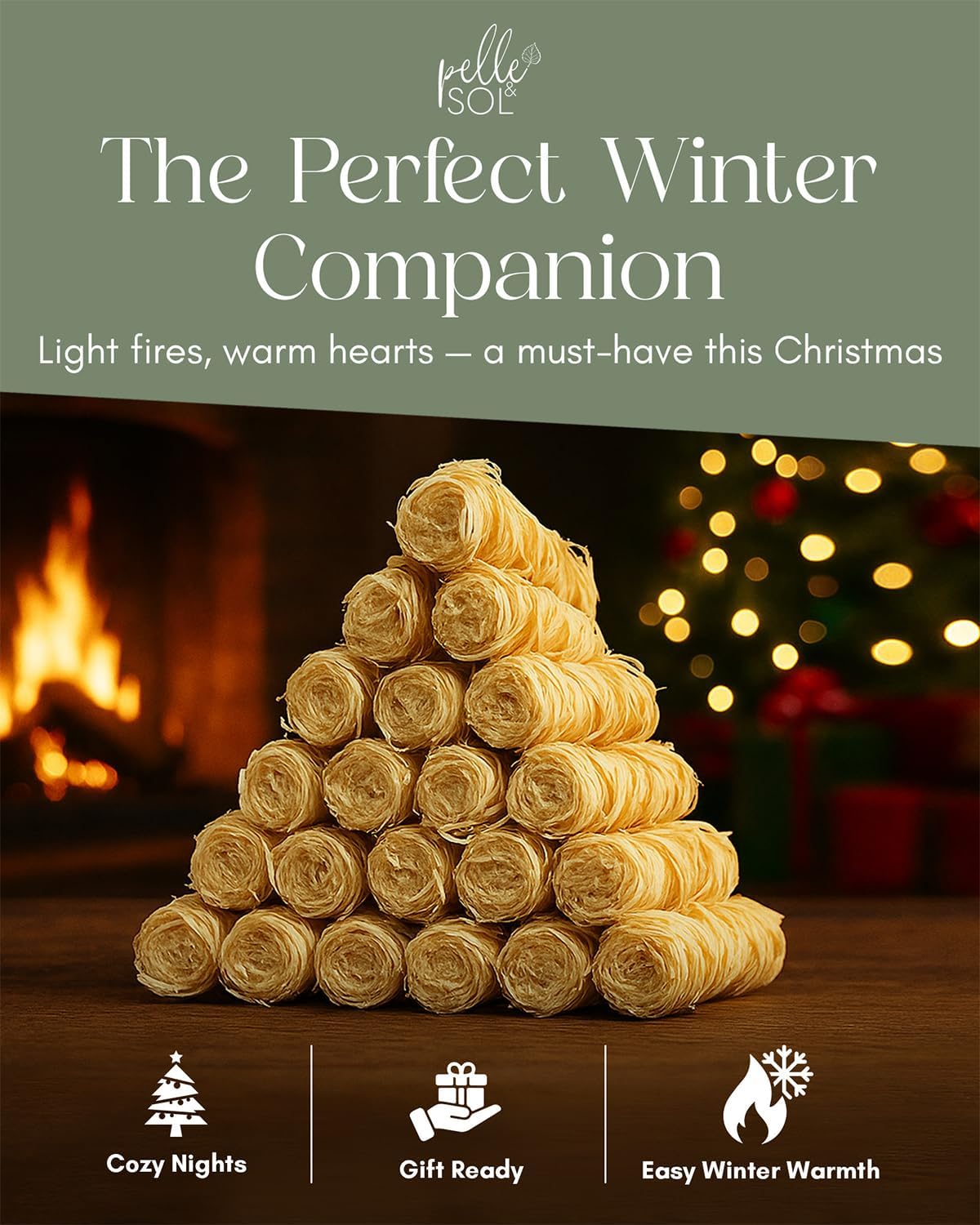 Winter themed graphic showing Pelle & Sol firelighters as a companion product for cold weather fire lighting