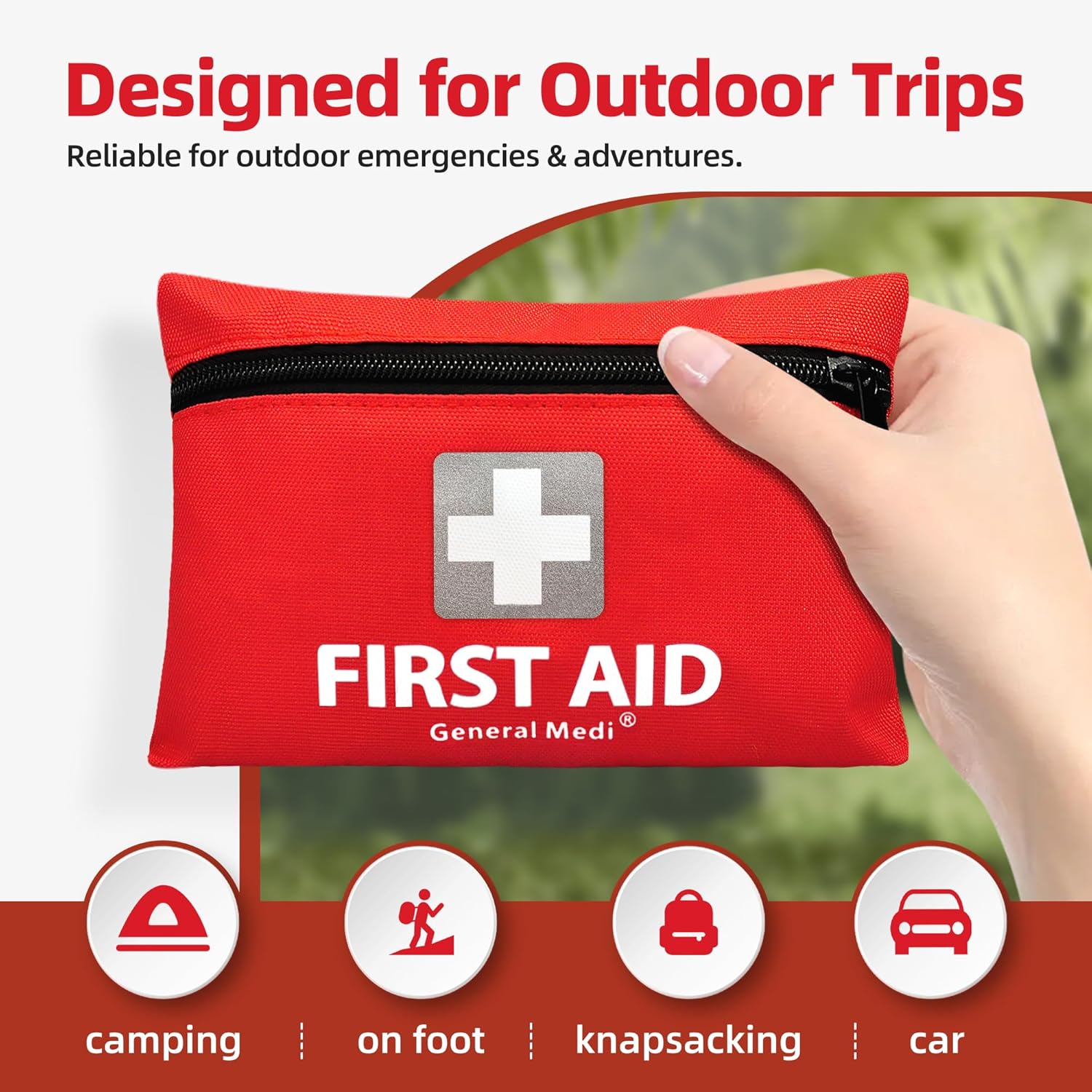 Hand holding the compact red first aid kit with icons showing suitable uses including camping, hiking, backpacking and in-car storage