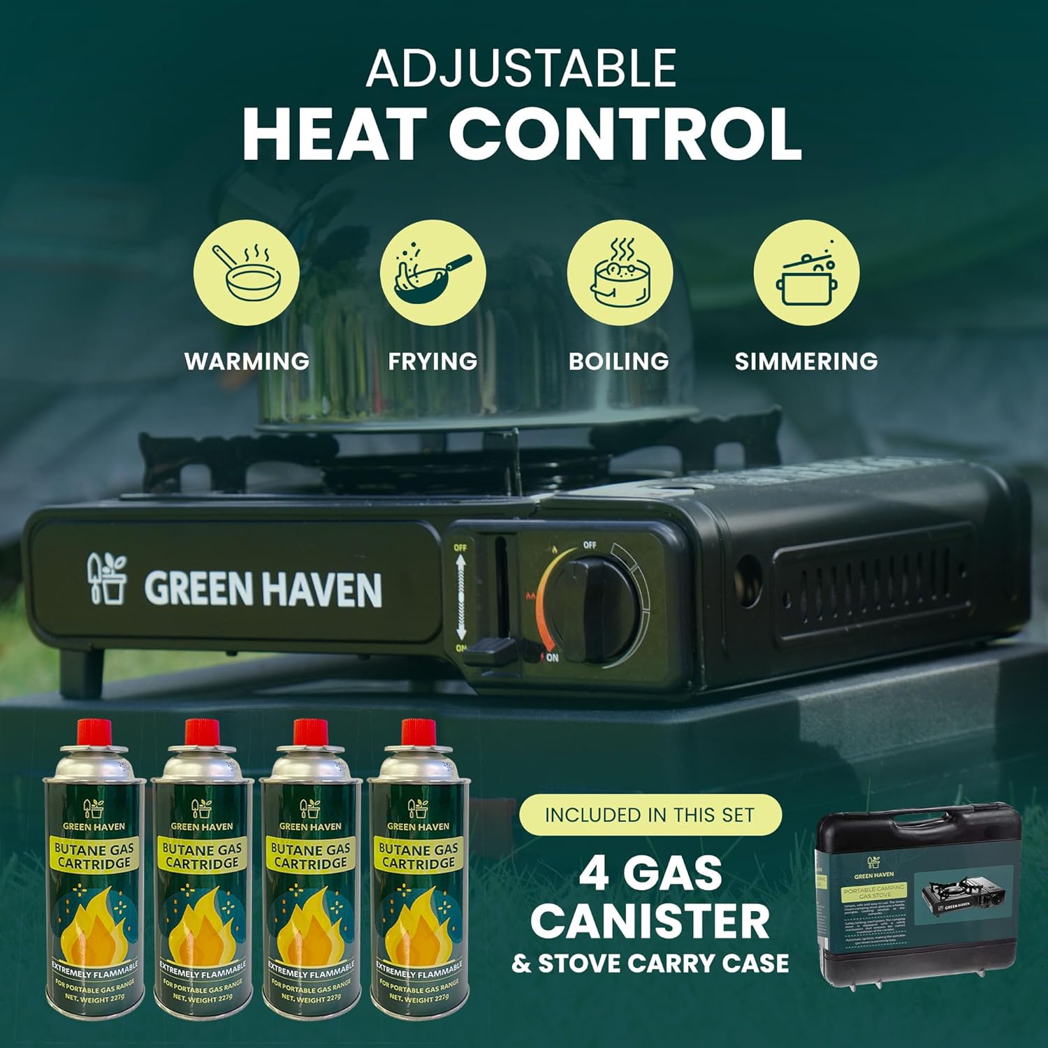 Green Haven camping stove bundle showing adjustable heat control dial with warming, frying, boiling, and simmering modes plus four gas canisters and carry case