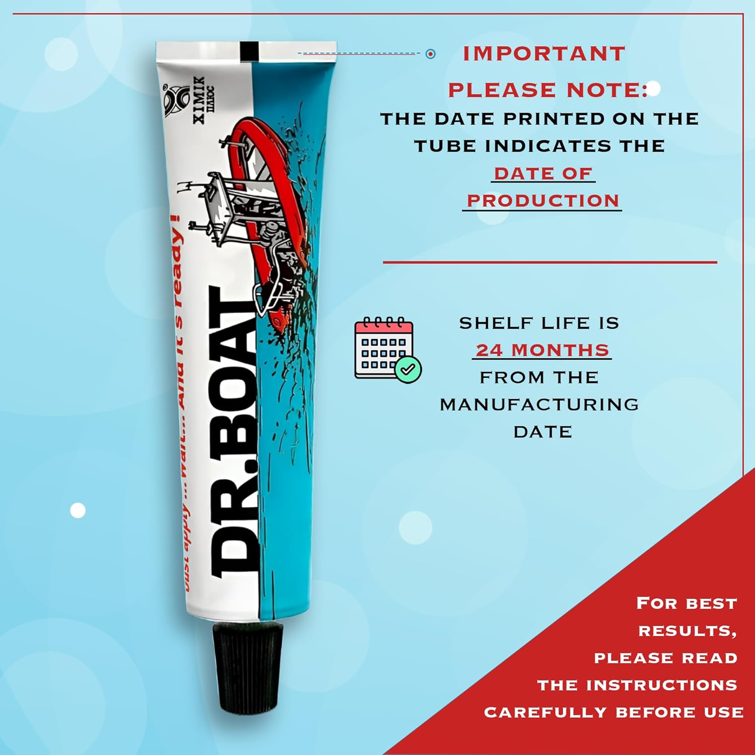 Close-up of Dr.Boat liquid PVC repair kit tube showing the label and expiry information