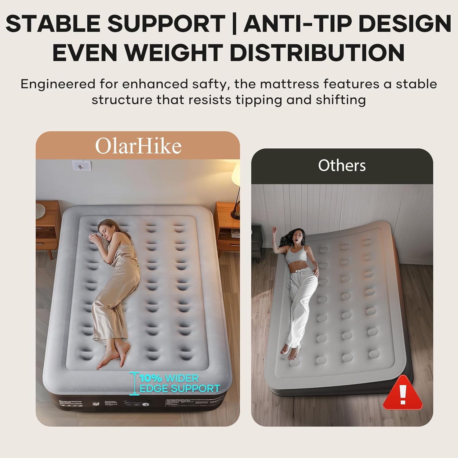 Close-up of the flocked waterproof top layer and multi-layer PVC sidewall on the OlarHike double airbed