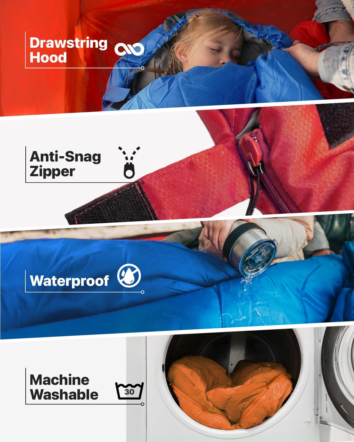 MalloMe sleeping bag close-up showing the inner lining and zip detail