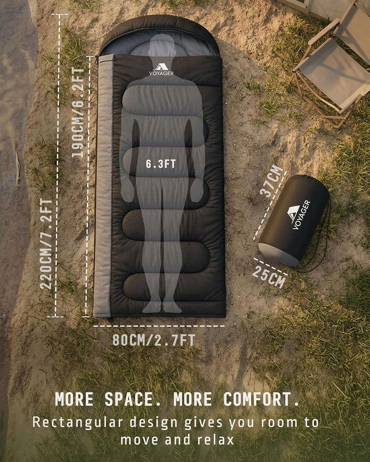 Close-up of the Voyager sleeping bag's fabric and zip stitching