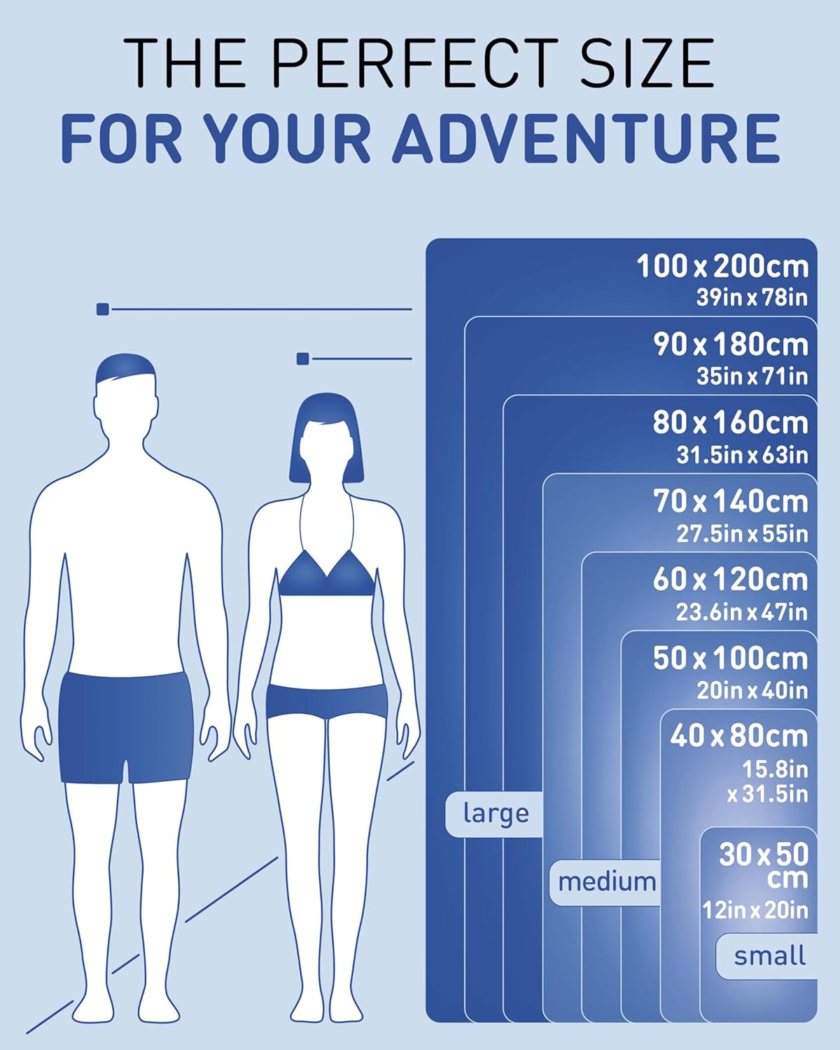 Fit-Flip size chart showing eight towel sizes from 30x50cm up to 100x200cm compared against two human figures