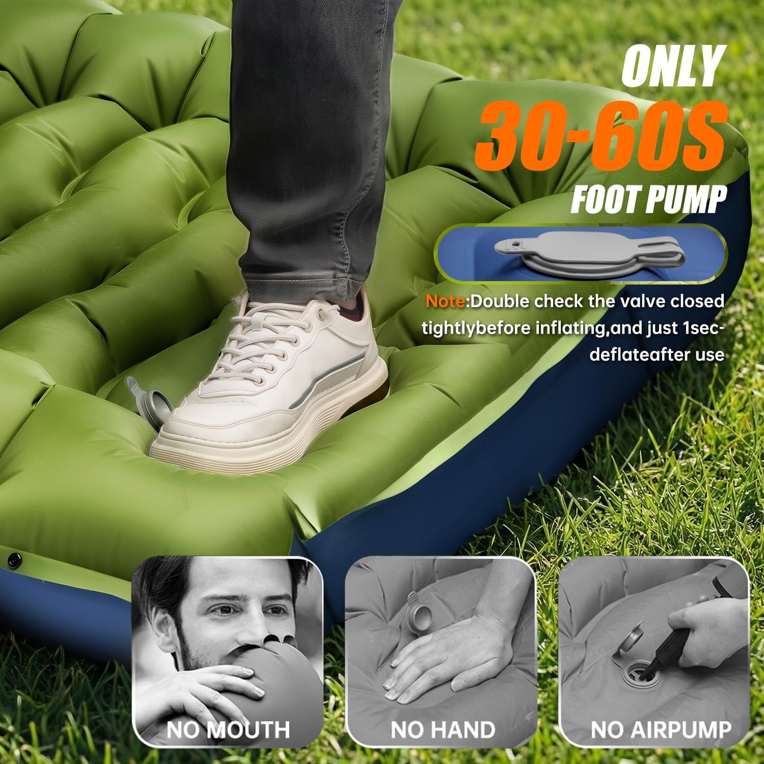 Close-up of a shoe pressing the built-in foot pump on the Yuzonc mat, with no-mouth, no-hand and no-airpump icons