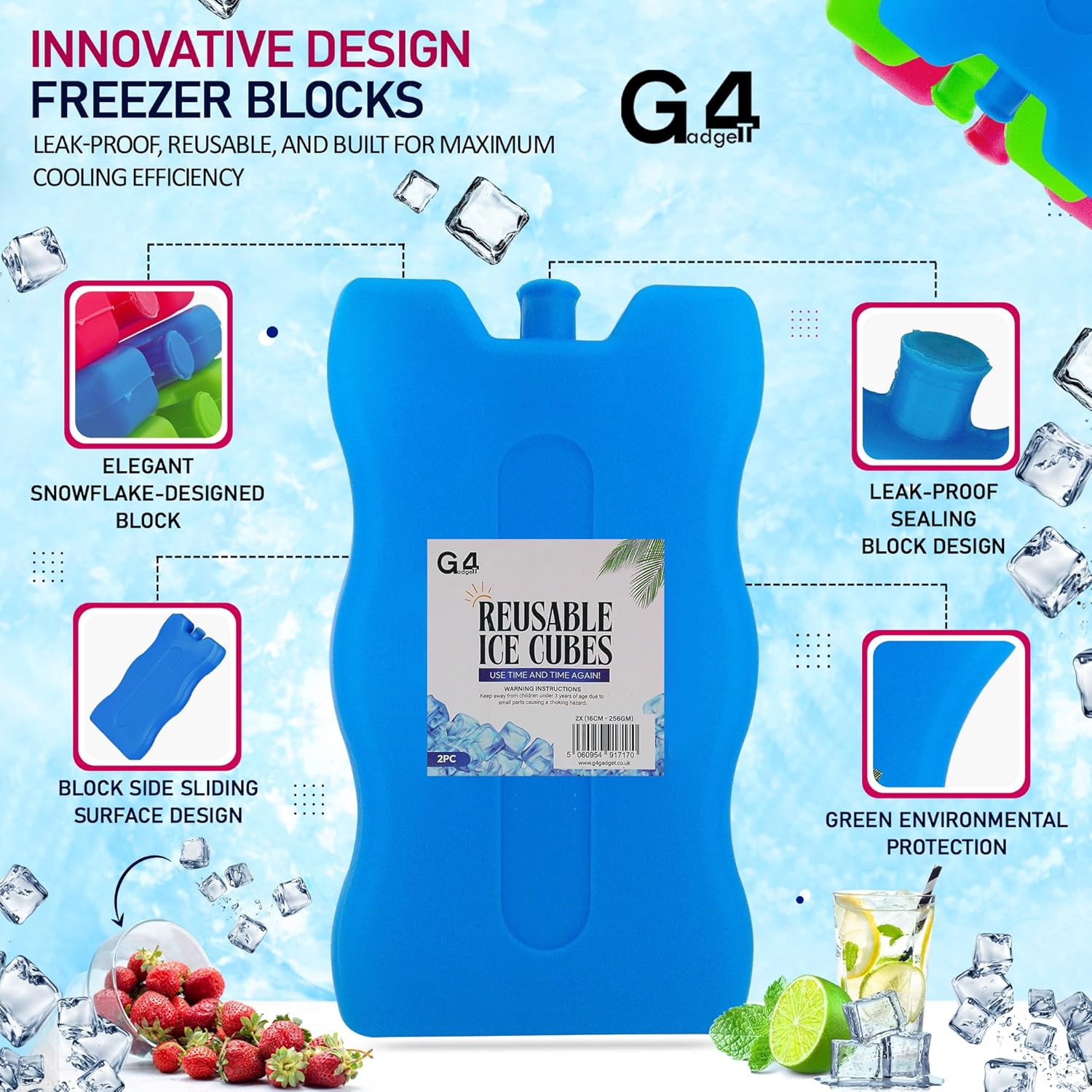 Close-up of a single blue G4GADGET freezer block showing colour and fill