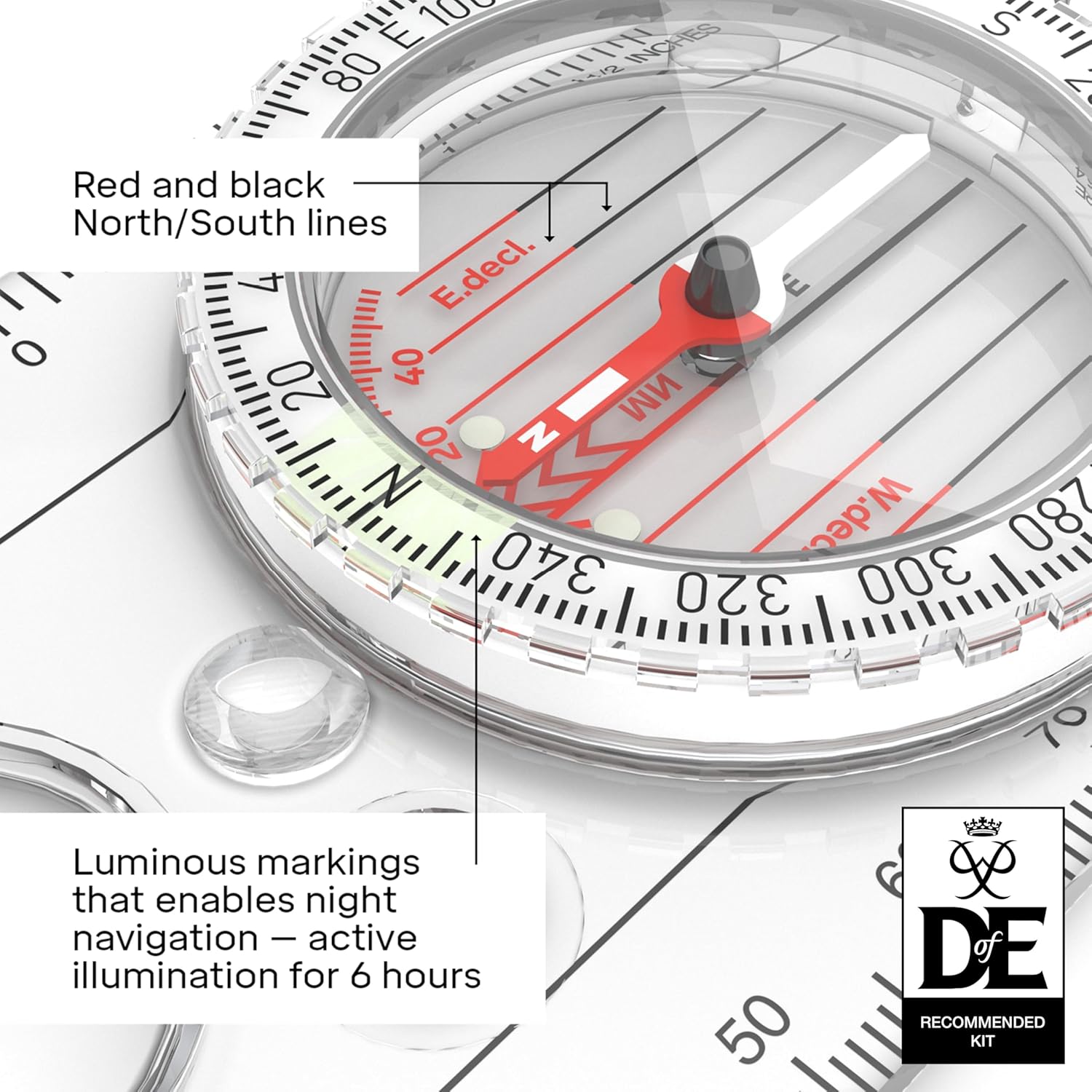 Close-up of the Silva Expedition 4 baseplate romer scales and magnifying lens for reading grid references