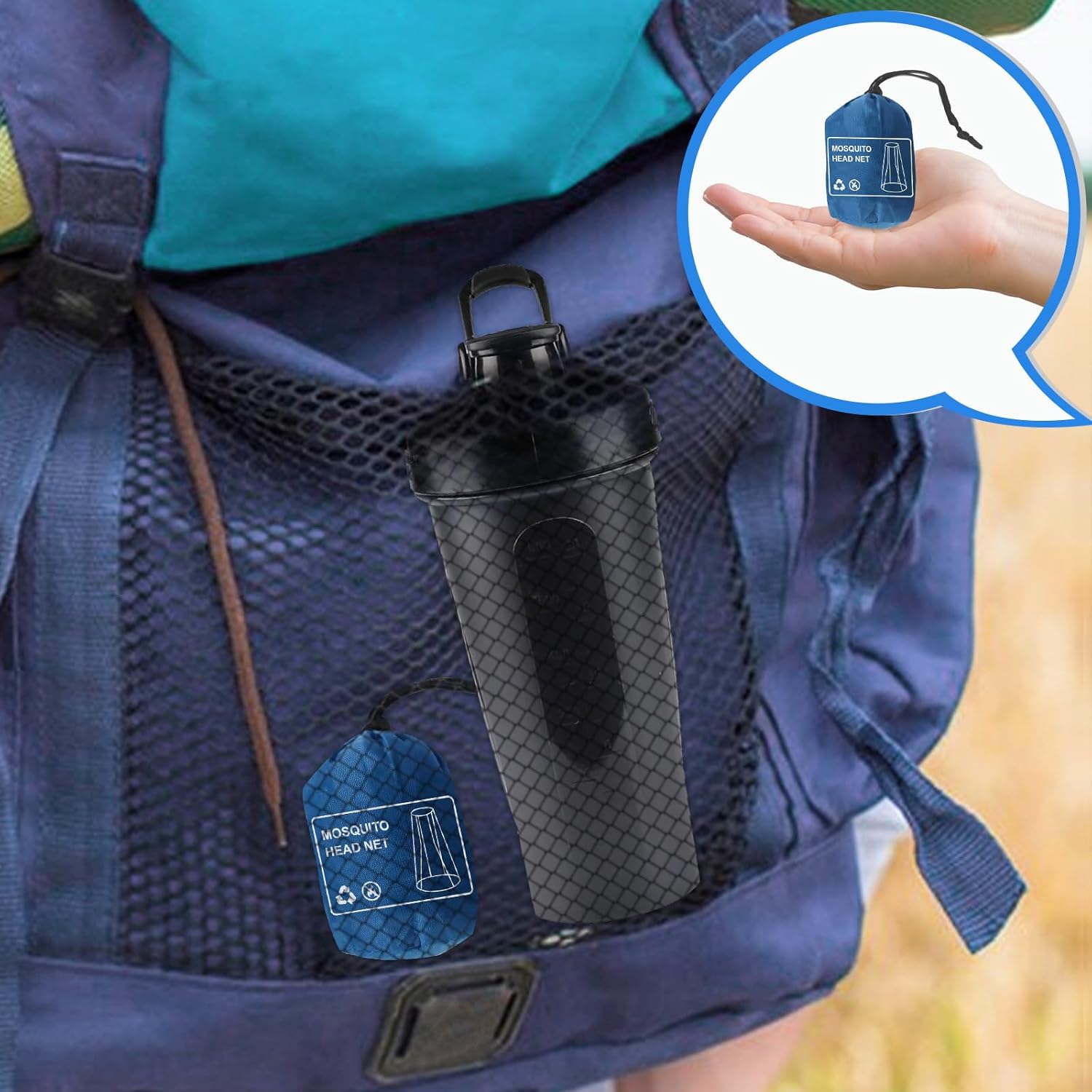 The head net packed into a small blue drawstring pouch clipped to a backpack's mesh side pocket, with an inset showing the pouch resting in the palm of a hand